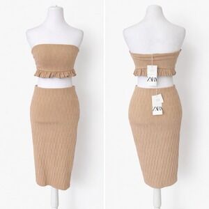 NWT Zara 2 piece knit set taupe Maxi Skirt & Ruffle Top Size S Bodycon Ribbed